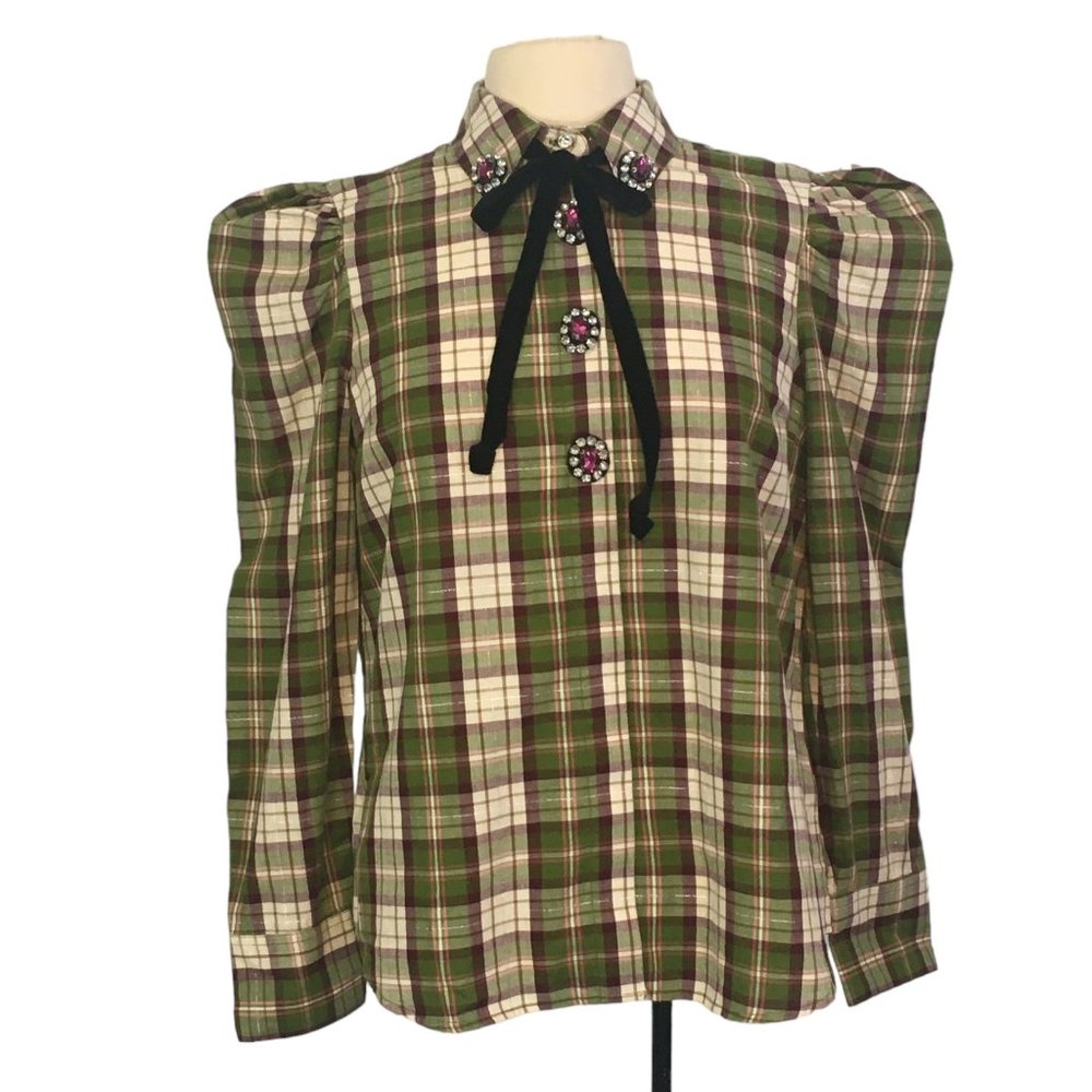 River Island Womens Green Pink Plaid Rhinestone Blouse, Shirt, Cottagecore‎ S
